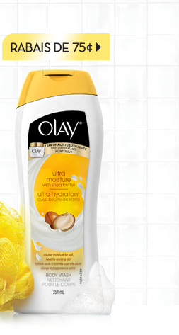 Olay PCC - Save 75¢ button and Ultra Moisture Body Wash product with loofah image