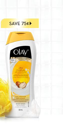 Olay PCC - Save 75¢ button and Ultra Moisture Body Wash product with loofah image